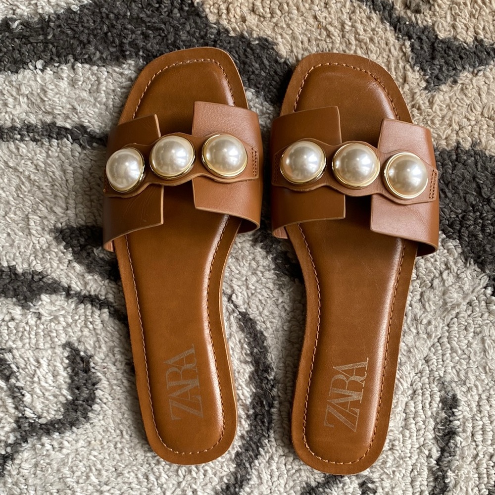 Leather Slide Sandals with Pearls